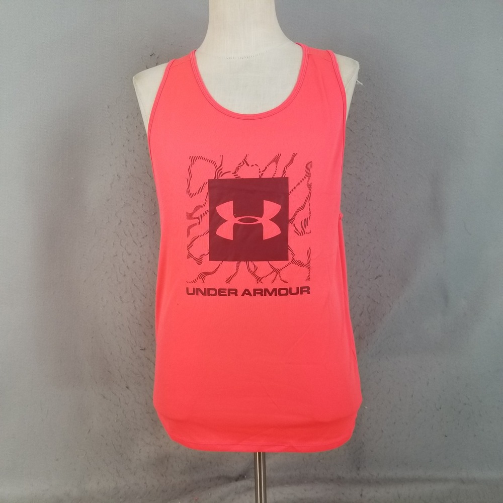 Under Armour Tank Top Mens Medium Orange HeatGear Graphic Sleeveless Loose Fit